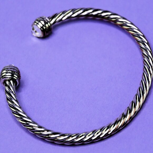 Adjustable Twisted Silver Cable Bracelet with Clear Stone Detail - Picture 1 of 6